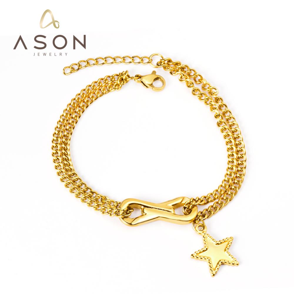 ASON Double Chain Gold Color Bracelet 316L Stainless Steel with Star Charm Fashion Jewelry 17+3cm Jewelry Accessories Gift asonjewelry